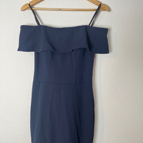 Aqua Navy Blue Off Shoulder Layered Mermaid Dress - Picture 3 of 7